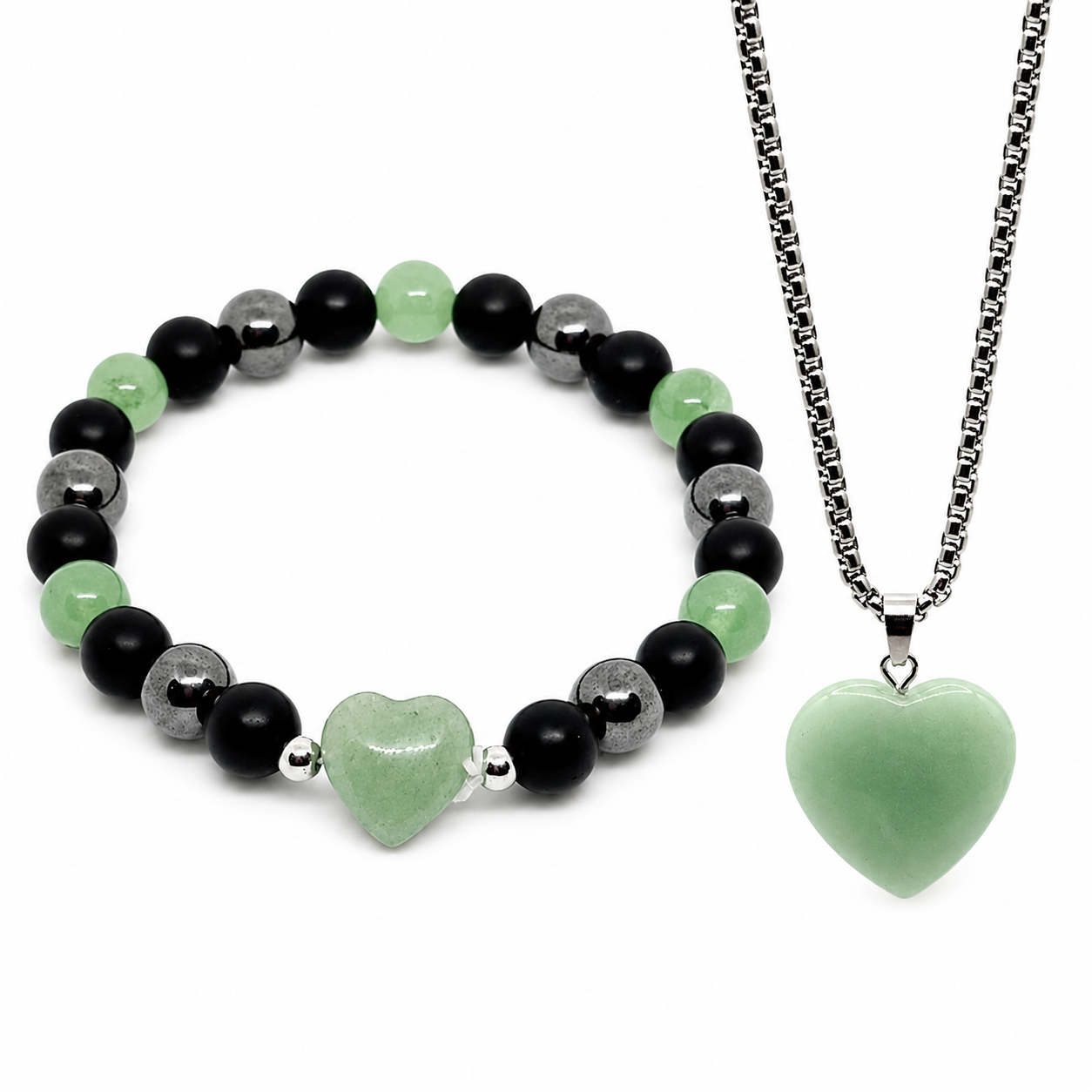 Green Aventurine Heart Necklace & Bracelet Set