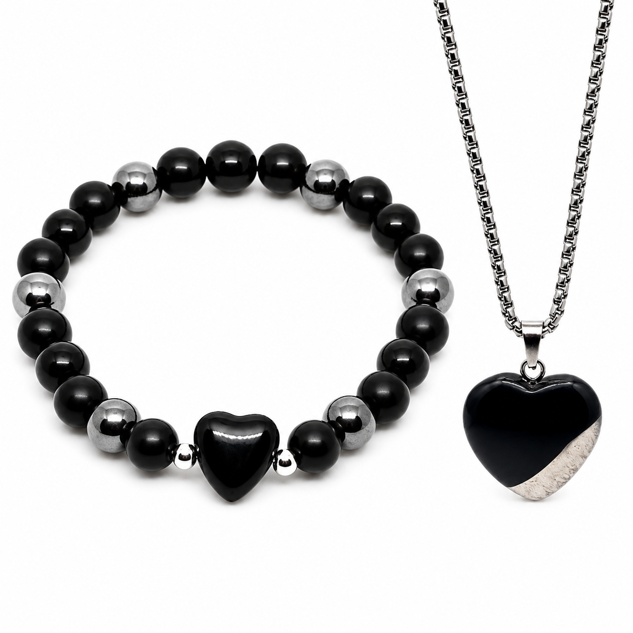 Obsidian Heart Necklace & Bracelet Set