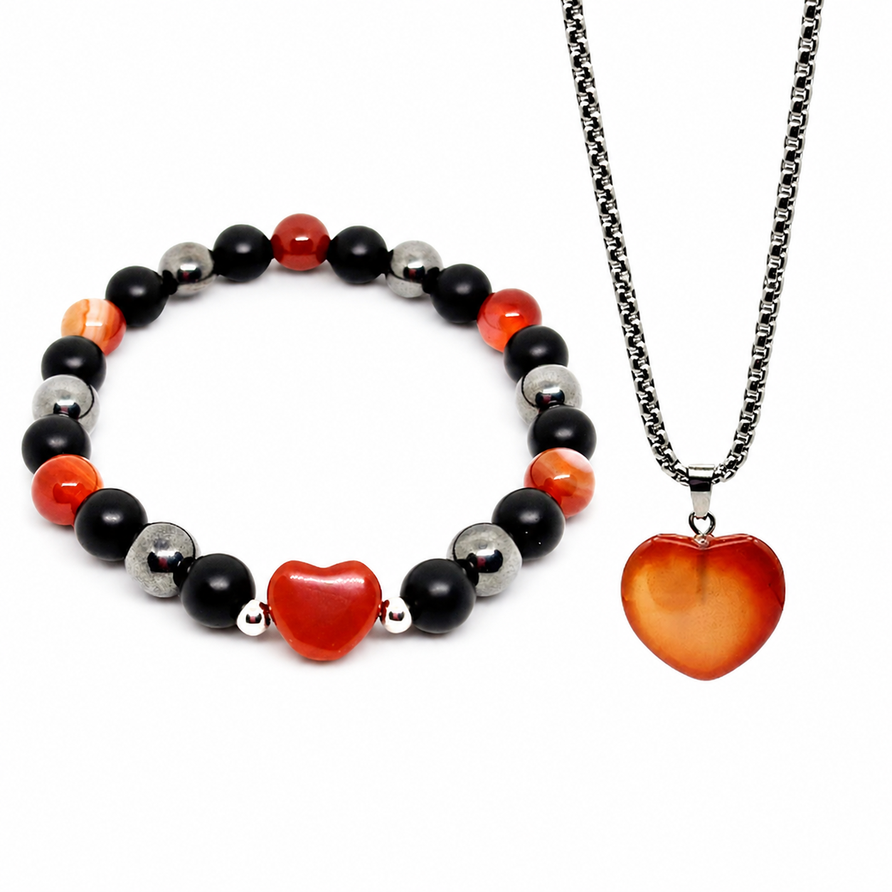 Red Agate Heart Necklace & Bracelet Set