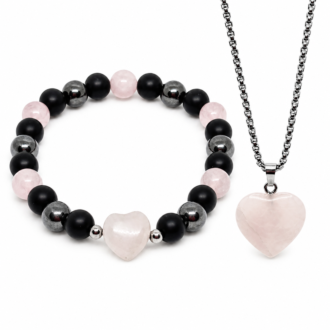 Rose Quartz Heart Necklace & Bracelet Set